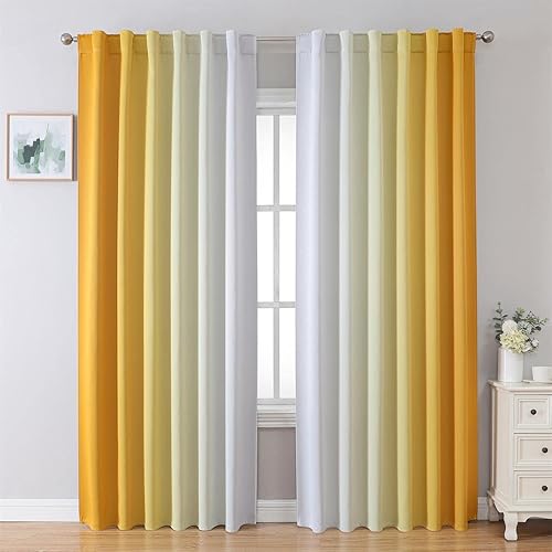 MIUCO Cortinas opacas y cortinas para dormitorio, sala de estar, 95 pulgadas de largo, color amarillo y blanco, cortinas de oscurecimiento de