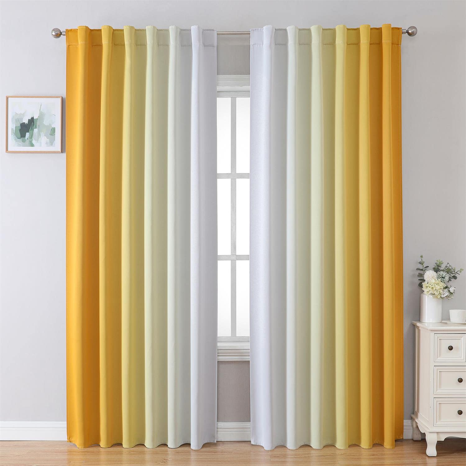 MIUCO Blackout Curtains &amp; Drapes for Bedroom Living Room 95 Inches Long Yellow and White Room Darkening Ombre Curtains Rod Pocket &amp; Back Tab Curtains Thermal Insulated Light Blocking 2 Panels Set