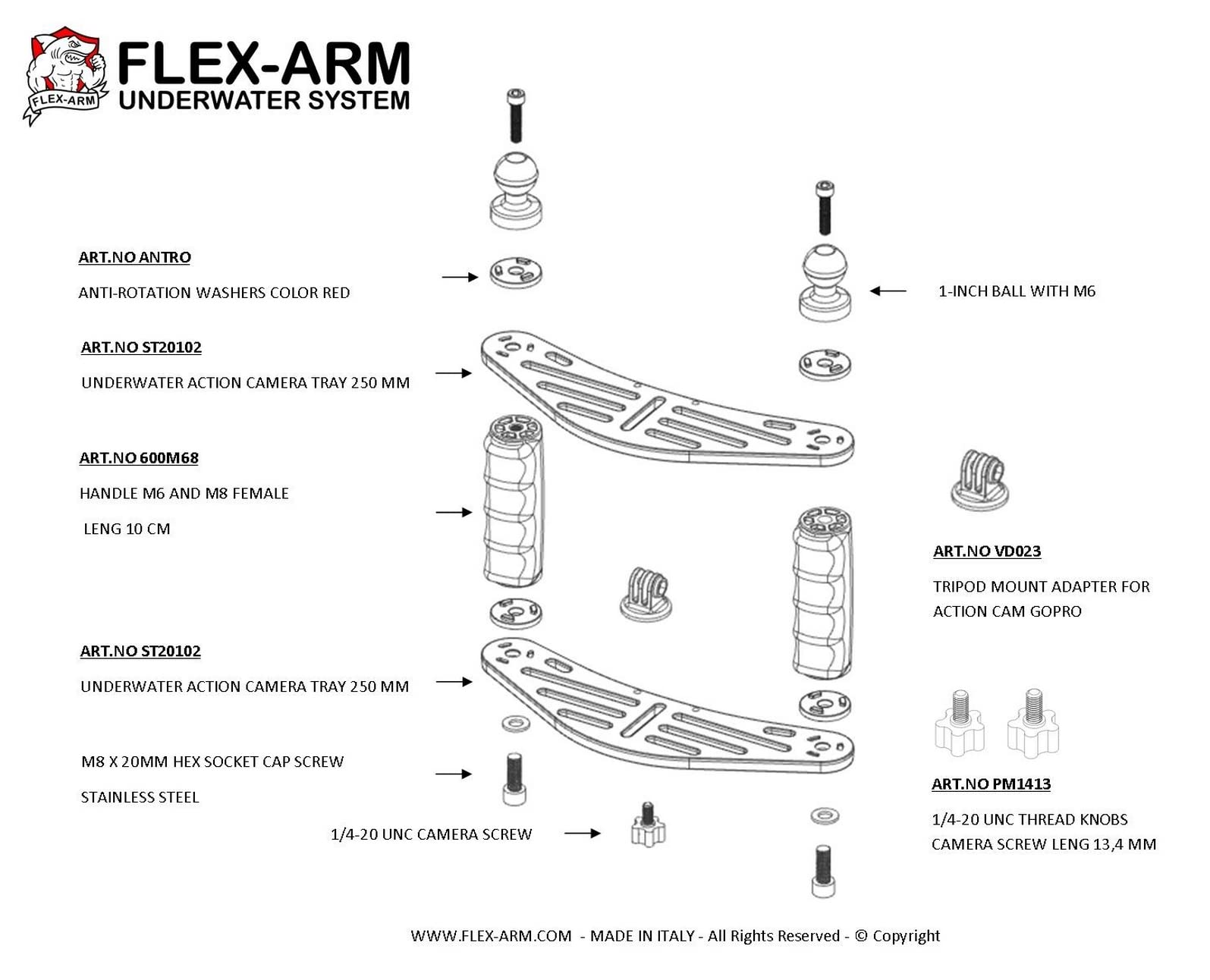 Platine Double Universel de Plongée Action Camera pour GoPro DJI Osmo avec Poignée Boule 25 mm FLEX-ARM