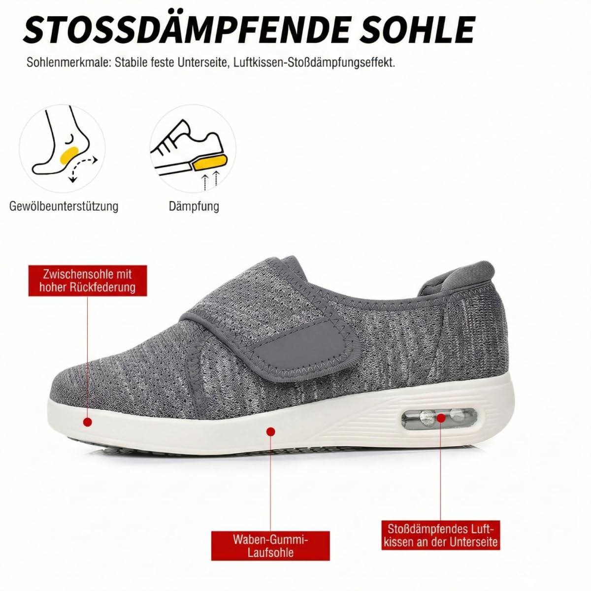 VibeCraft Diabetiker Schuhe Herren Damen Extra Weit mit Klettverschluss Orthopädische Komfortschuhe für Geschwollene Füße Leichte & rutschfeste Sohle