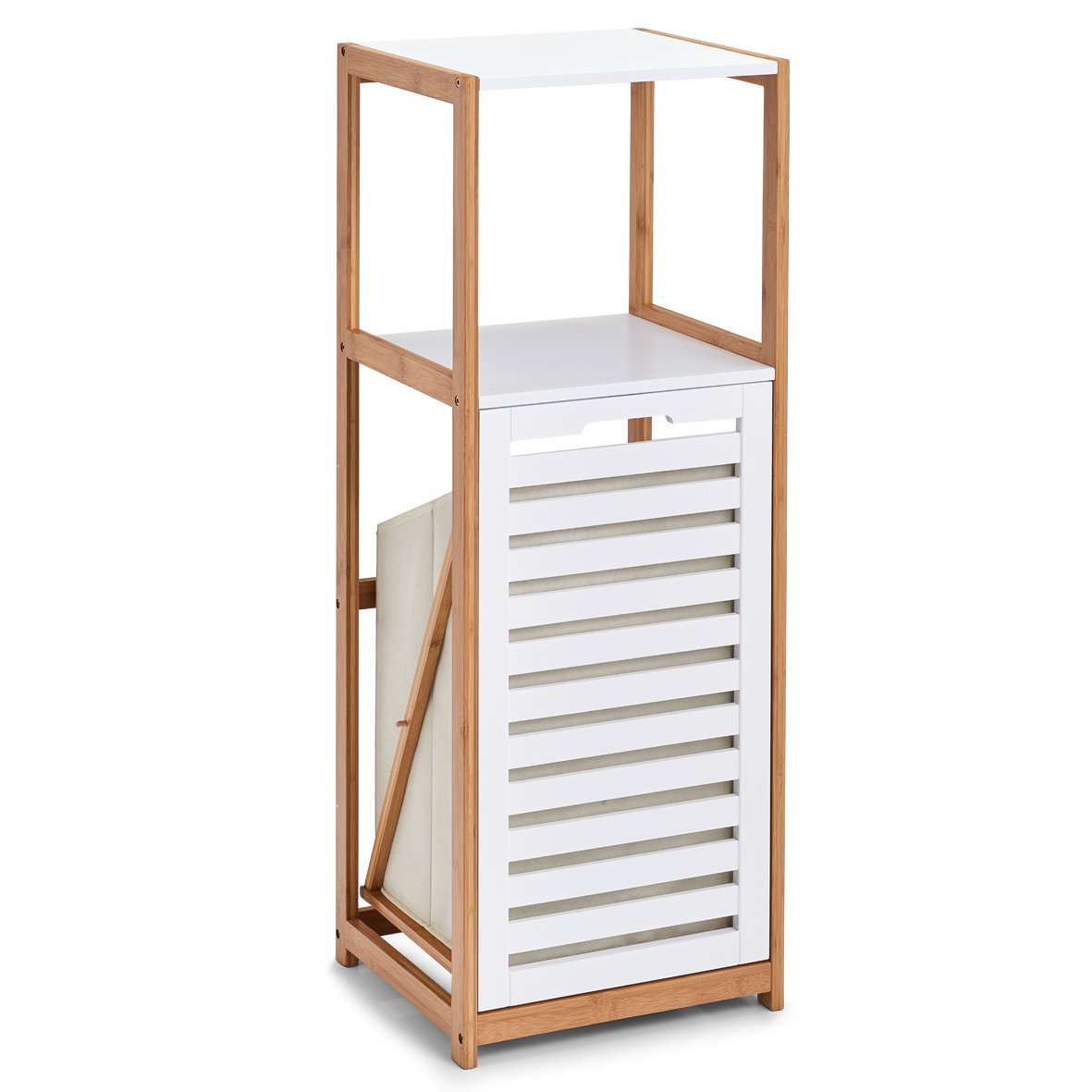 Zeller 18867 - Mensola con Cesto portabiancheria in bambù/MDF, ca. 36 x 33 x 98 cm, Colore: Bianco