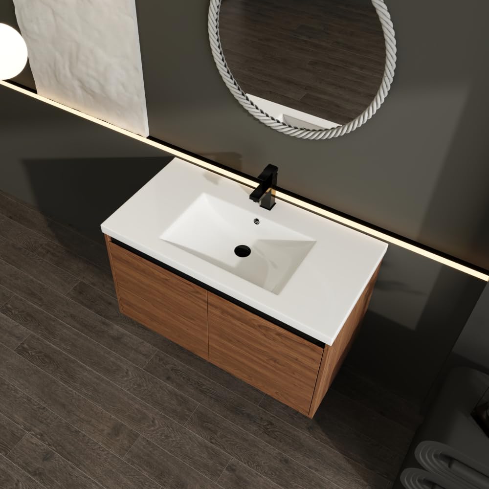 LEVISTAR Brown 36 Inch Bathroom Vanity with Resin Countertop Sink, 2 Doors Bathroom Cabinet Set