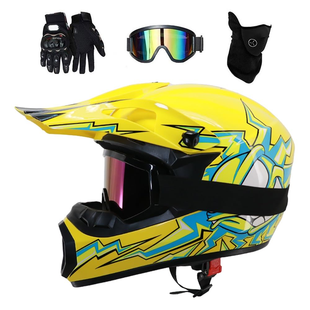 Full Face Motocross Helmet, with Goggles Gloves Mask, Youth Kids Off Road Sport ATV Scooter Motorbike Crash Helmet, Downhill Enduro MTB BMX Racing Quad Dirt Bike Helmets(Z18,XL/59-60CM)