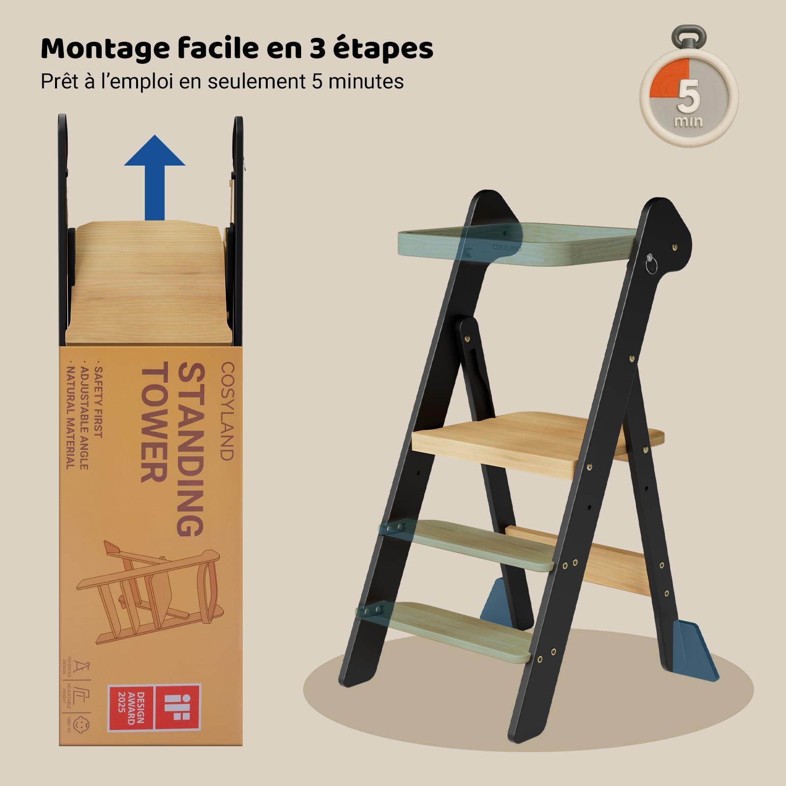 COSYLAND Tour d’Observation Montessori Enfant Pliable – If Design Award, Tour d’Apprentissage en Bois Réglable en Hauteur dès 1 an avec Filet de Sécurité, Kitchen Helper Bébé – Noir & Naturel