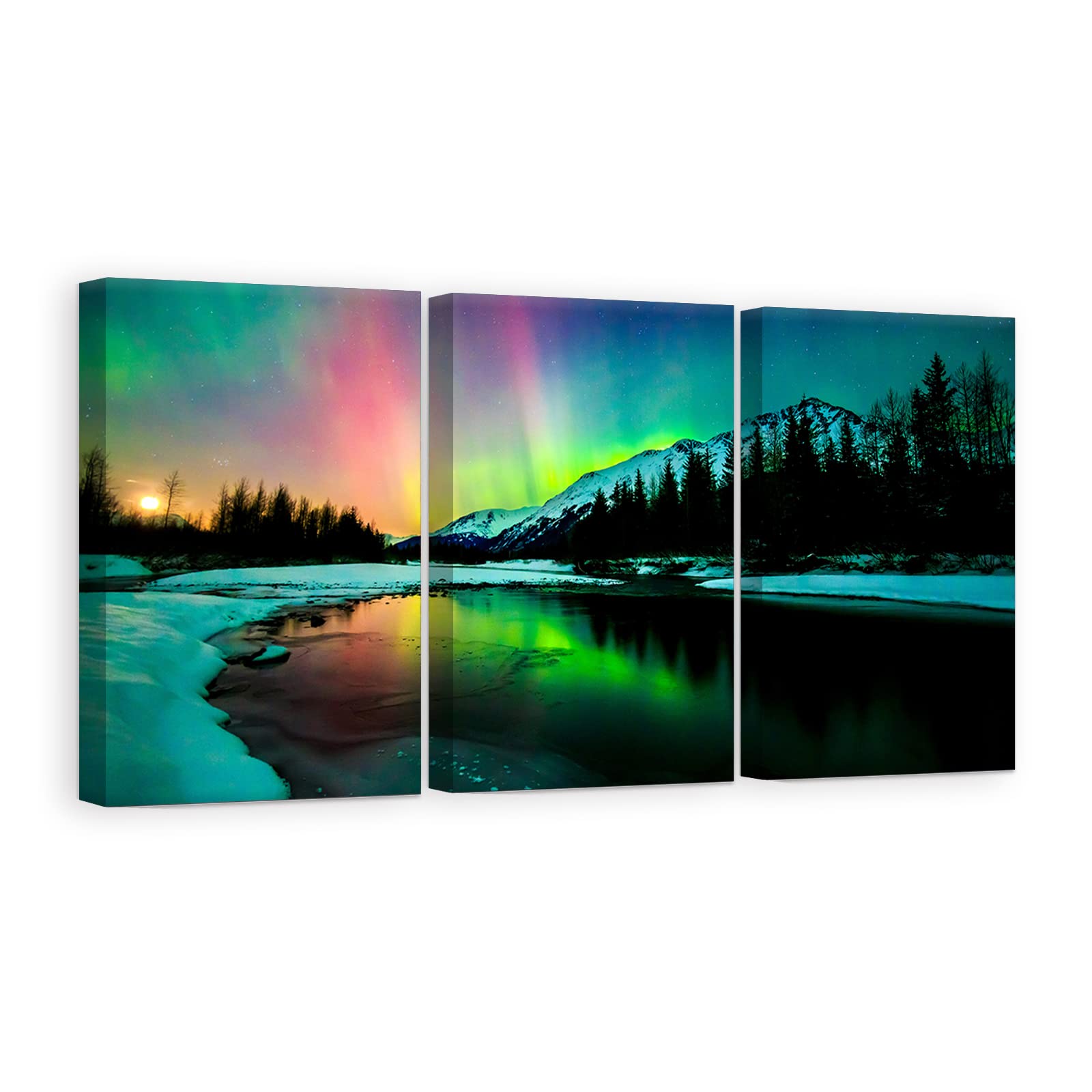 3 Panel Aurora Scenery Wall Art Northern Lights Canvas Print Nature Green Sky Borealis Painting Home Decor for Living Room Ready to Hang (16"x24"3P(40x60cmx3P))