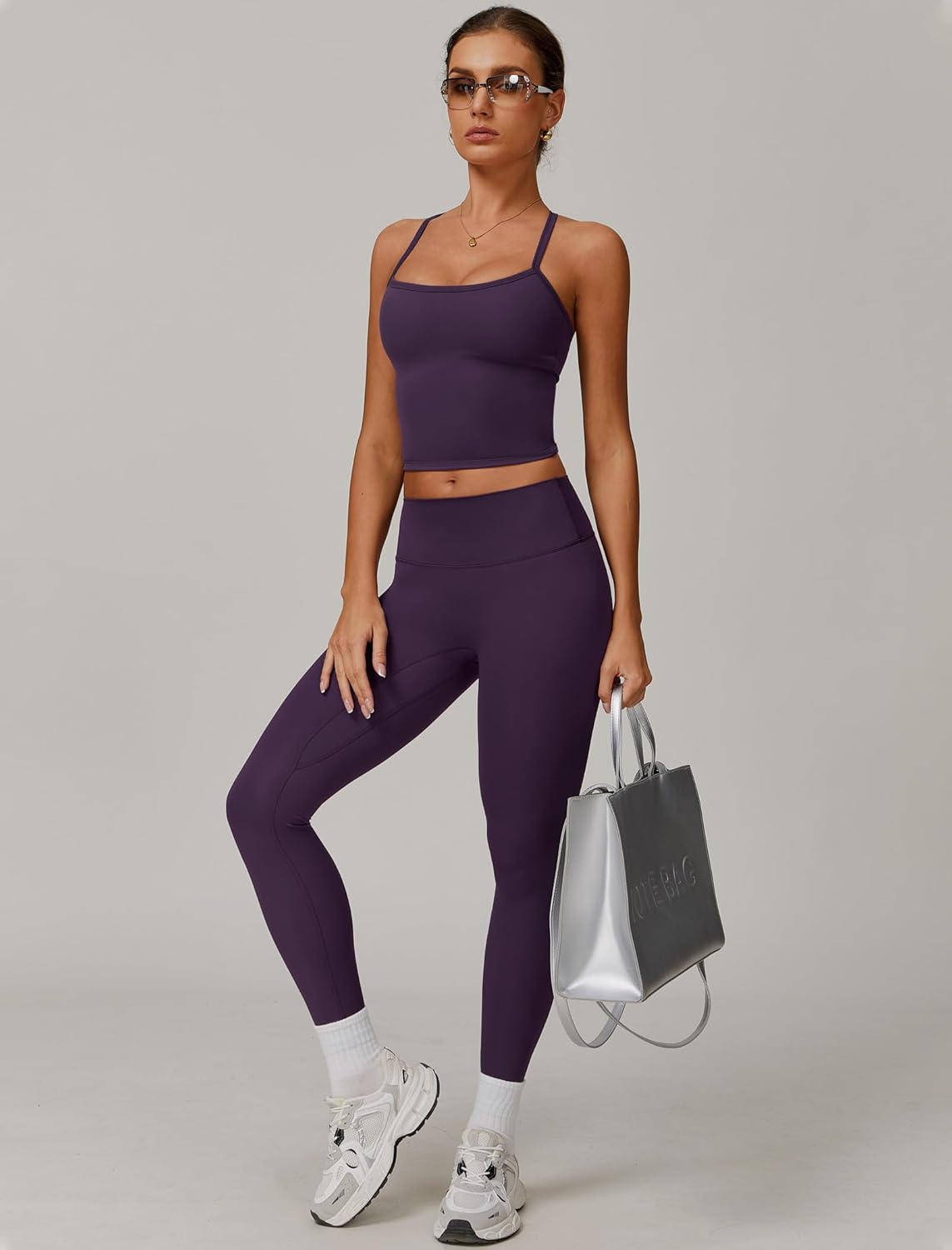 Womens Workout Sets Two Piece Cross Back Tank Top Matching High Waist Leggings Sets Gym Outfits Work Out Clothes - Image 4