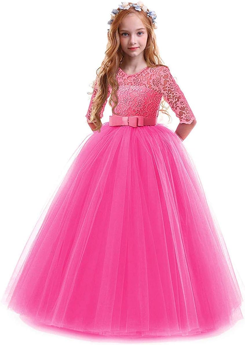 Flower Girls Vintage Lace 3/4 Sleeve Bridesmaid Velvet Dress Princess Wedding Party Pageant Evening Formal Prom Ball Gown
