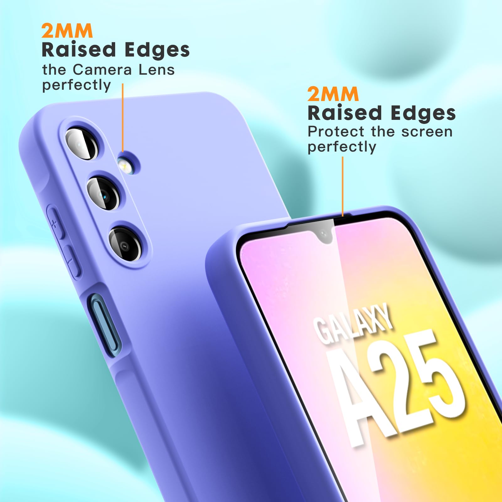 Vansdon Cover Compatibile con Samsung Galaxy A25 5G, 2 Pellicola Protettiva in Vetro Temperato, Gomma Gel di Silicone Liquida Antiurto Custodia - Viola