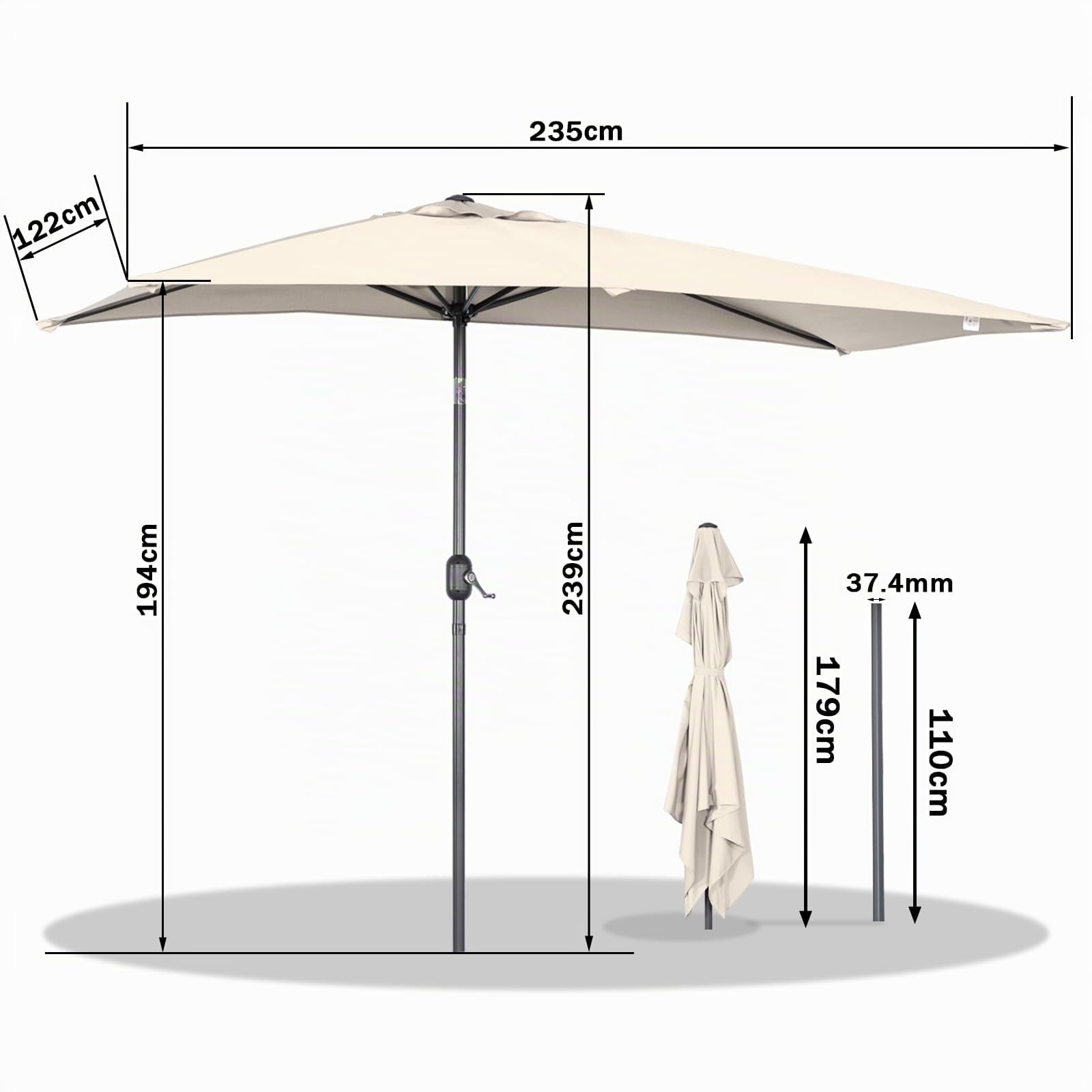 Angel Living 2.5 x 1.3 m Semi Sombrilla de Jardín Cuadrado de Acero y Poliéster, Parasol Inclinado con Manivela, Sombrilla con Mástil Acero 38mm, para Balcón Terraza Patio Jardin