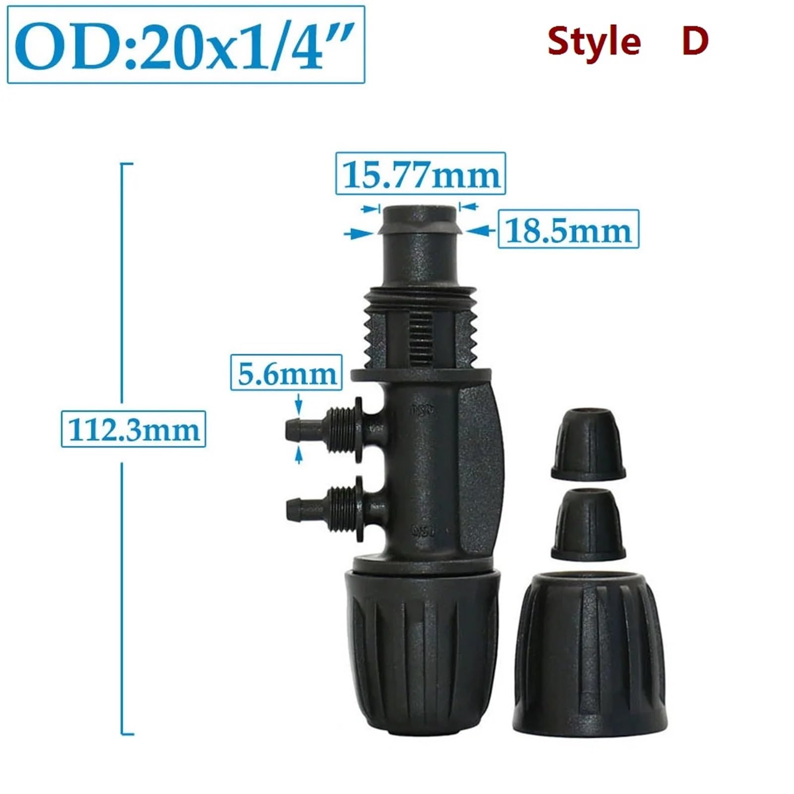 1 pieza de conectores de manguera de PE de 16 mm, 20 mm a 1/4", conector divisor de agua de 1/2/4 vías, tuerca de seguridad de acoplamiento de tubería reducida de 1/2, 3/4 a 4/7 mm(Style D)