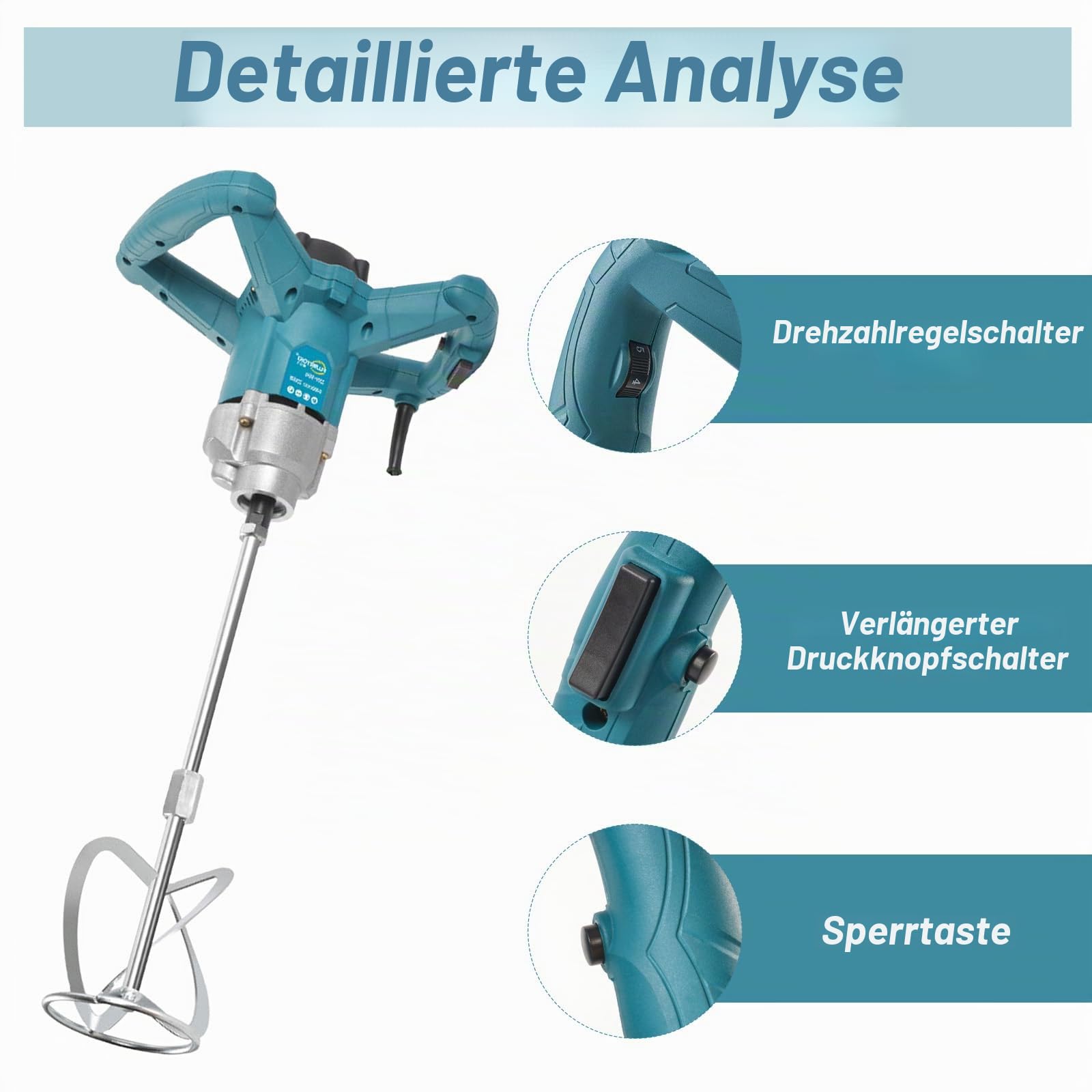 Akku Farbmörtelrührer Kompatibel mit Makita 18V Batterie,Elektrischer Mörtelrührer mit 6 Geschwindigkeiten,3200W Rührwerk max 1200r/min,Mörtelrührer für Zement,Beton und Farbe(ohne Akku)
