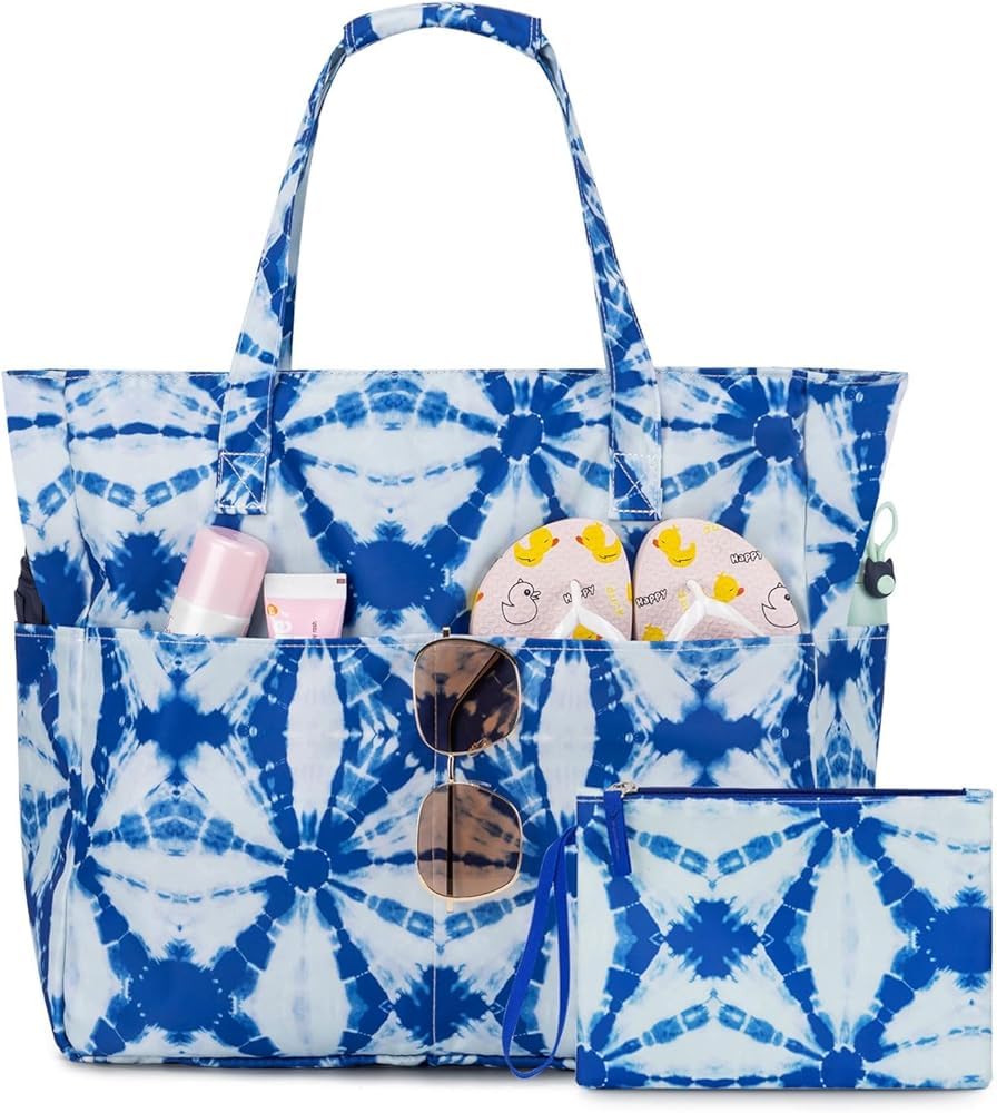 hirta Gab Teacher Tote Bag for Women Office Work Multipurpose Shoulder with Zipper Pouch Travel Grocery Beach Hobo Waterproof Sandproof Lightweight Pool -(Tie-die Blue)-picture-43