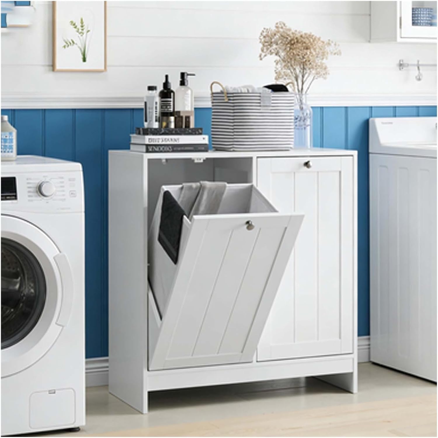 White Tilted Double Laundry Hamper with Removable Basket, Hidden Bathroom Laundry Hamper, Laundry Basket Storage Cabinet Organizer