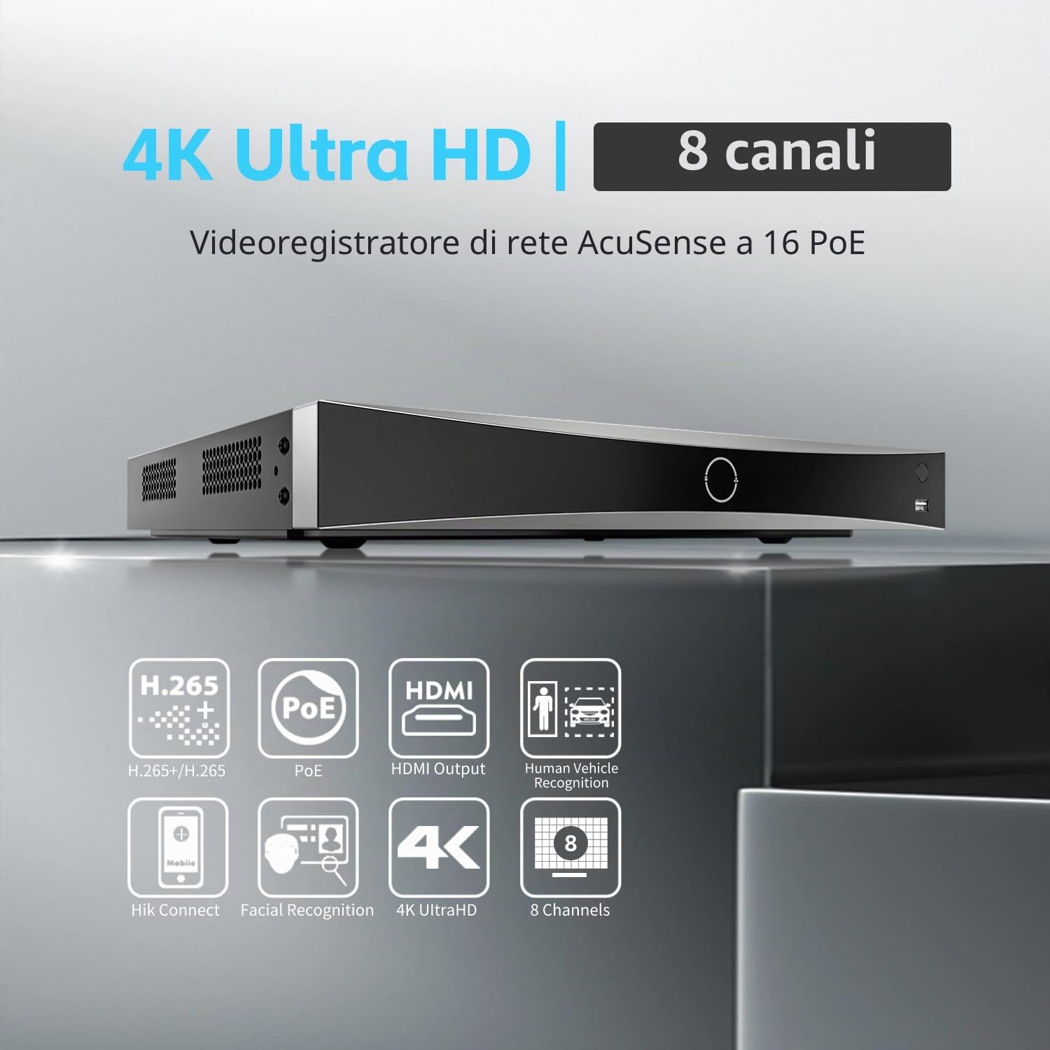 DS-7608NXI-K2/8P 8CH 4K 8 canali PoE AcuSense NVR Videoregistratore di rete Rilevamento di persone/veicoli Compatibile con telecamera IP HIK (Versione inglese internazionale senza HDD)
