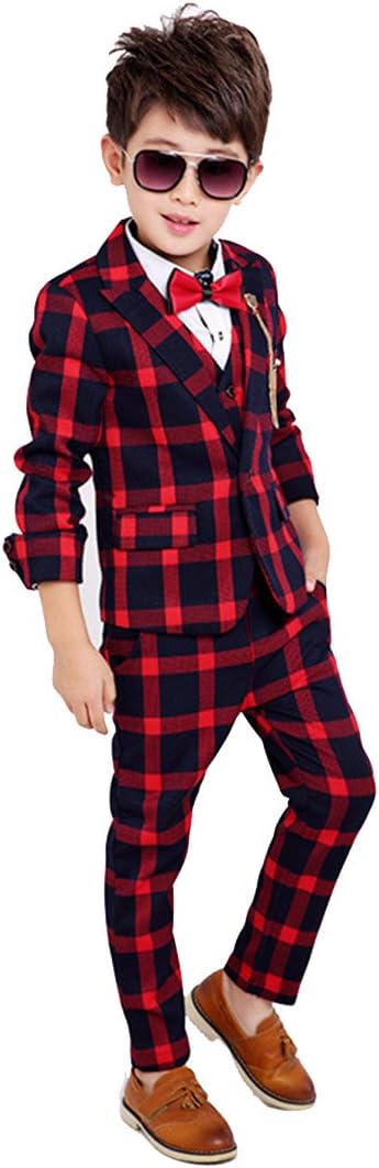 Boy 4 Pieces Plaid Formal Suit Set,Vest+Pants+Blazer+Bow Tie