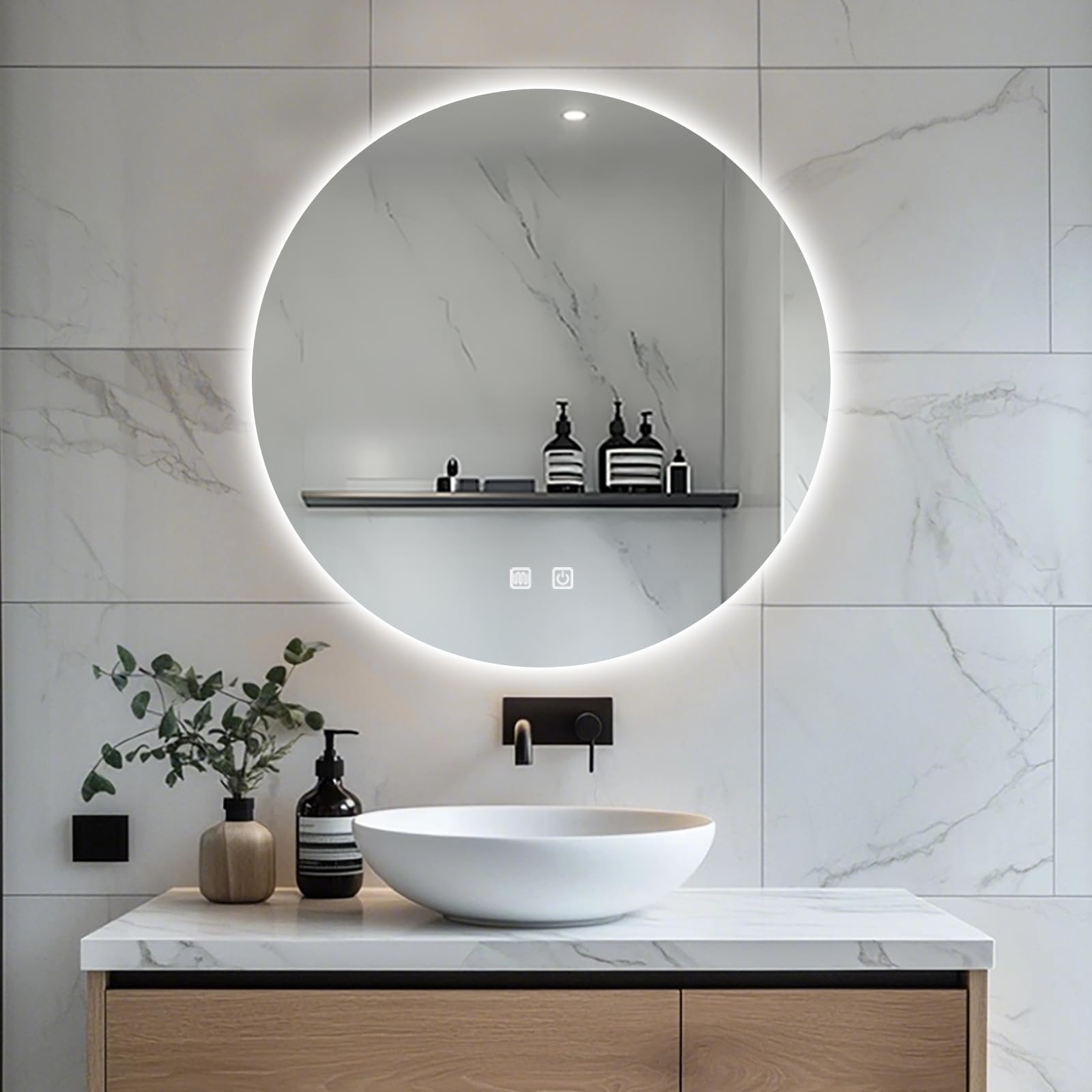 Miroir LED lavabo 80 cm rond Lumière rétroéclairée rasage douche Fixation murale sans buée Intensité variable 3 couleurs IP54