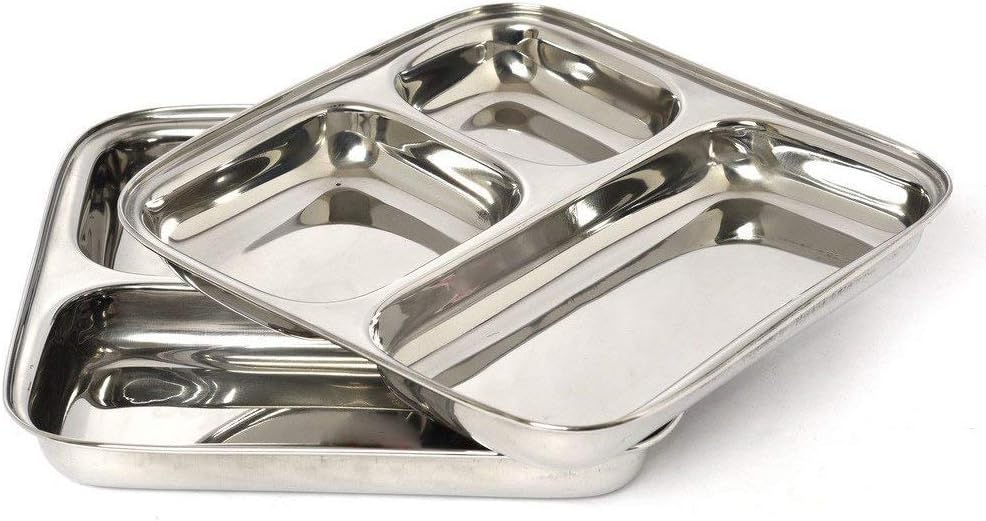 Stainless Steel 3 Compartment Square Plate, Thali, Mess Tray, Dinner Plate Set of 2 pcs- 25 cm Each
