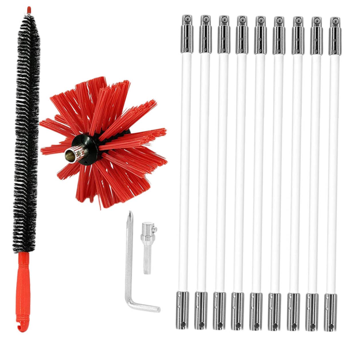 Spazzola per Stufa 9 Aste in Nailon Flessibili per Canne Fumarie | Kit Spazzacamino, Pulizia Tubi Pieghevoli, Non Graffia, per Canne Metalliche e Camini in Mattoni