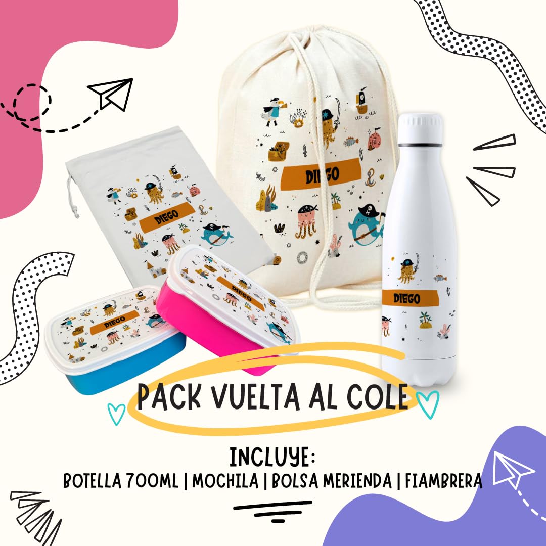 Pack vuelta al cole piratas botella personalizada + mochila saco personalizada + fiambrera personalizada + bolsa merienda personalizada con texto para el colegio o guardería. Libre de BPA