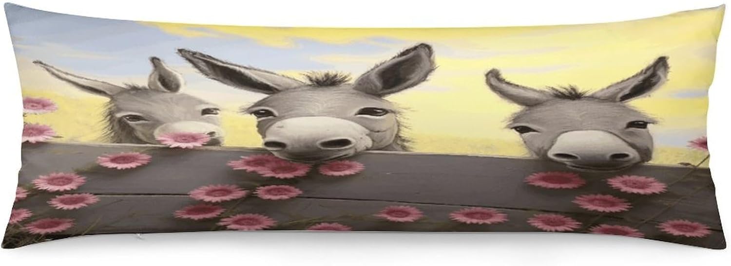 Donkey and Flower Pillowcase Decorative Body Pillow Cover Soft Full Long Pillow Case Breathable Large Body Pillowcase Cute Cozy Pillow Sham for Bed Couch Sofa 18.9 X 53 Inch
