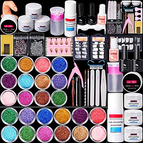 HOLYBO Acrylic Nail Kit, Glitter Acrylic Powder Monomer Liquid Set Nails Kit Acrylic Set with Acrylic Nail Tips Nail Brush Base Top Coat, Acrylic Nail Art Decoration Tools