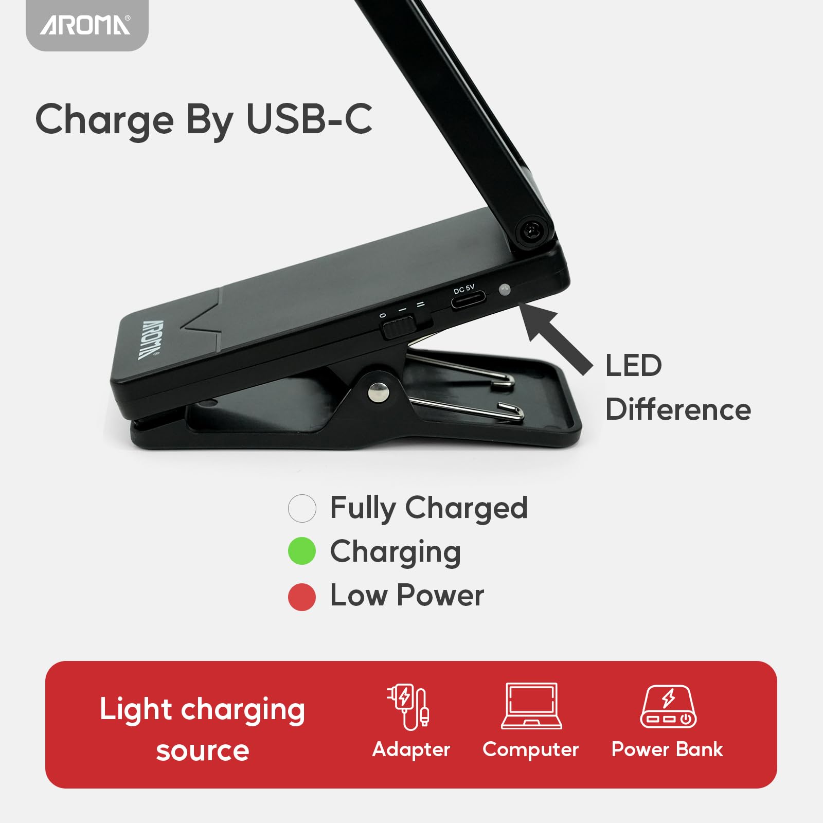 AROMA Light for Music Stand Rechargeable Clip On Piano Lamp Adjustable 2 Brightness, Black, 5cm x 6.5cm x 12.04cm - Image 3