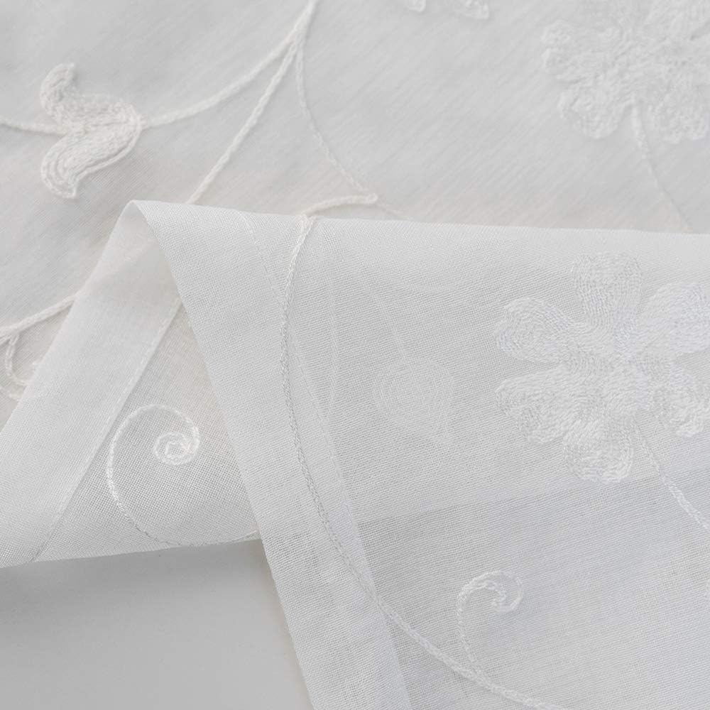 Sheer Curtains White 95 Inches Embroidered Floral, Window Treatments Rod Pocket Drapes for Living room, Bedroom, Semi Crinkle Voile Curtain Panels for Yard, Patio, Villa, Parlor, Set of 2, 52"x95".