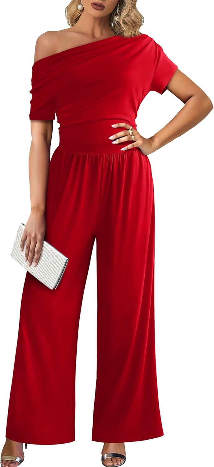 Women's Jumpsuits Dressy Casual Off Shoulder Jumpsuit Boat Neck Wide Leg Long Pant Romper One Piece Outfits