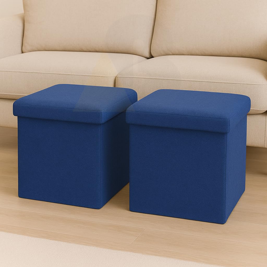 ABTRIX WITH AB Set of 2 Folding Storage Ottomans with Lid – 30x30x30 cm – Linen Fabric Footrest Stools, Foldable Storage Cubes with Padded Seat, 80KG Load Capacity (2, Blue & Blue)-image-48