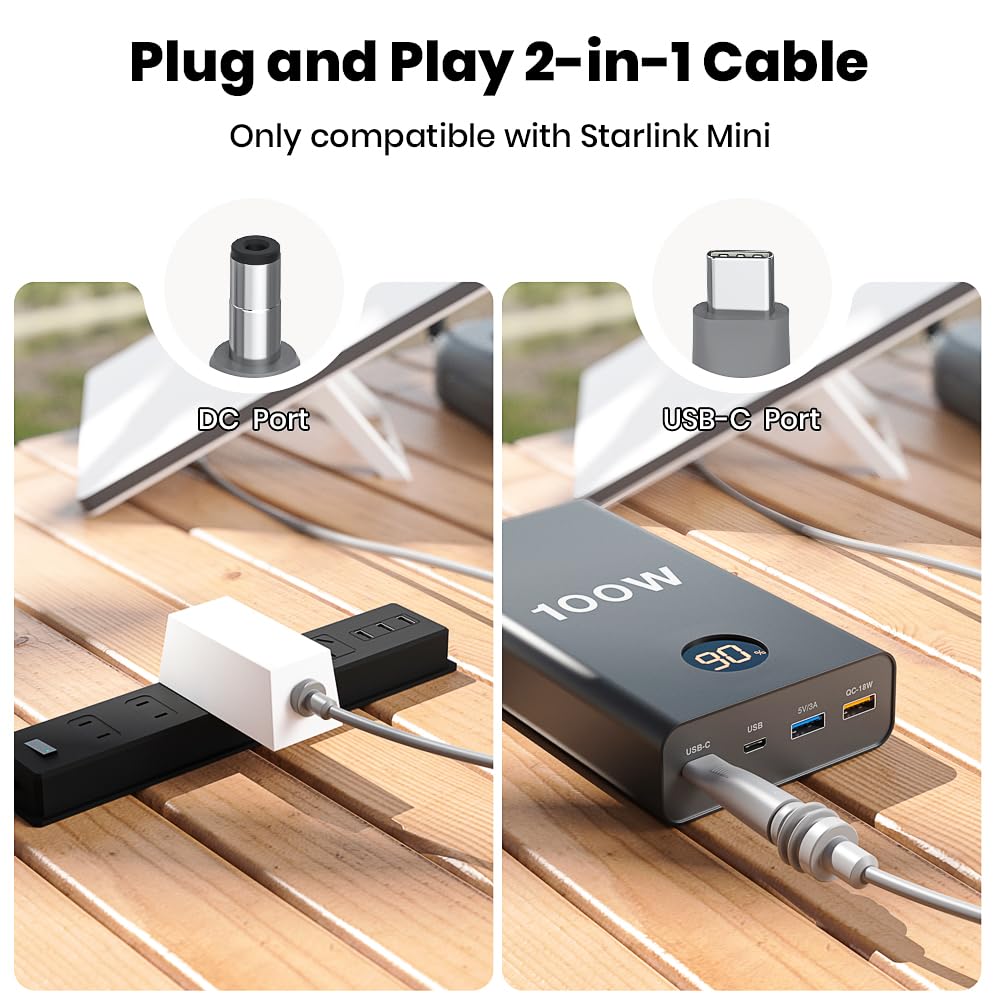 XTAR Starlink Mini Kabel 2 in 1, 16.4FT/5M DC/USB C Aufladen + RJ45 Ethernet Kabel für Starlink Mini Netzteil Wasserdicht