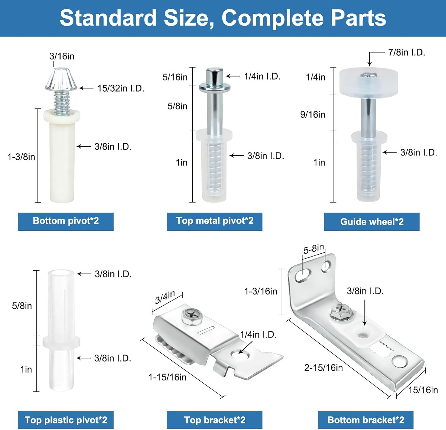Bifold Door Hardware Repair Kit - 2 Pack with Parts for Bifold, Sliding, Closet, Pocket, Barn Doors Top & Bottom Brackets, 3/8" Pivot, 7/8" - 1" Guide Wheels Fits Common Track