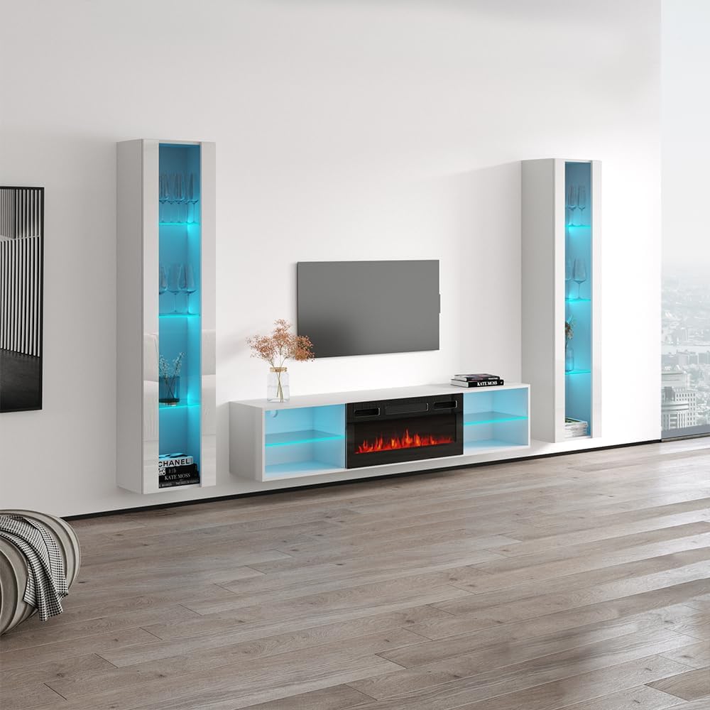 Meble Furniture Lima BL-EF 40 Wall-Mounted Entertainment Center — Electric Fireplace with LED Lights — Modern High Gloss Floating TV Stand, 40 Inches — White