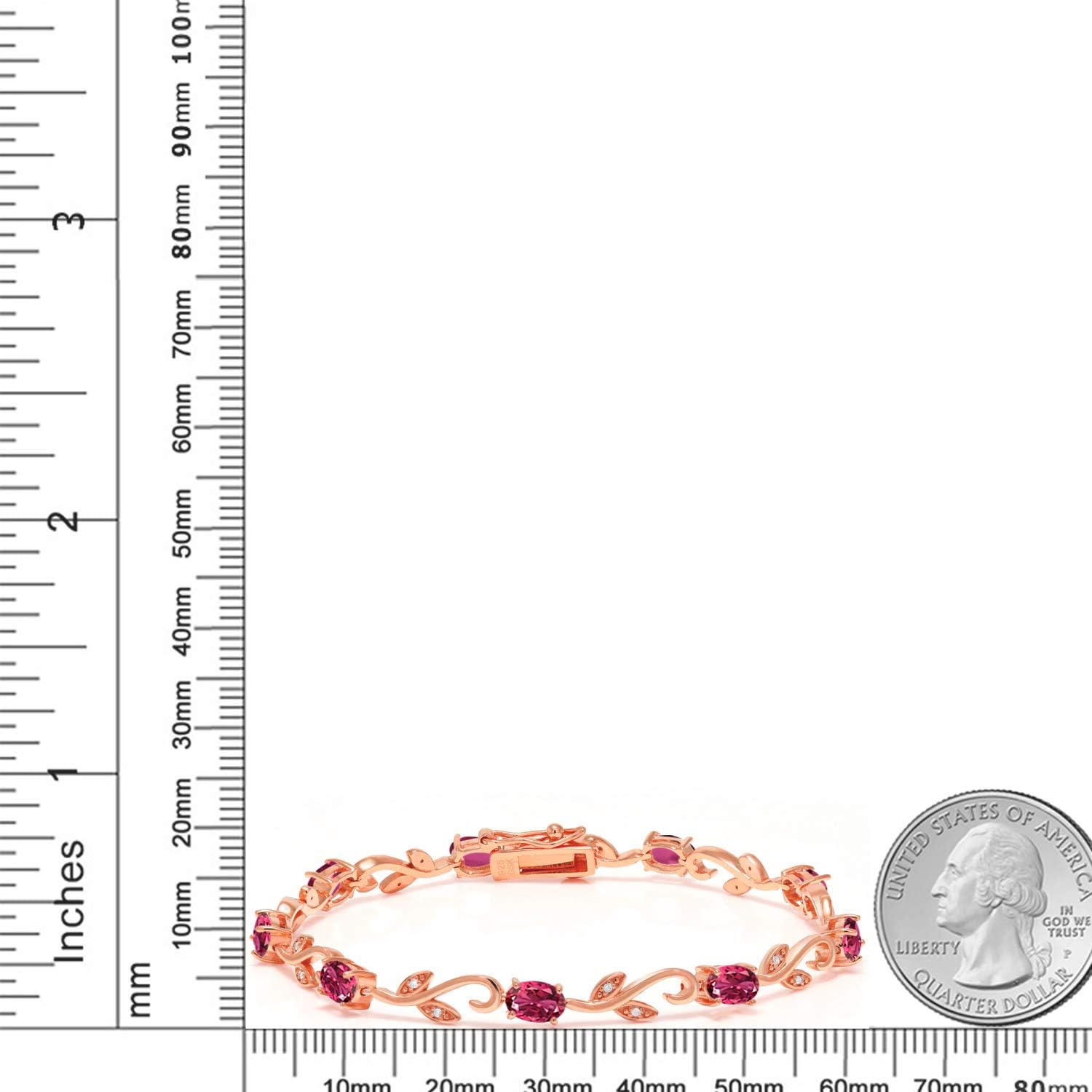 Gem Stone King 4.40 Ct Oval Pink Tourmaline White Diamond 18K Rose Gold Plated Silver Bracelet For Women - Image 3