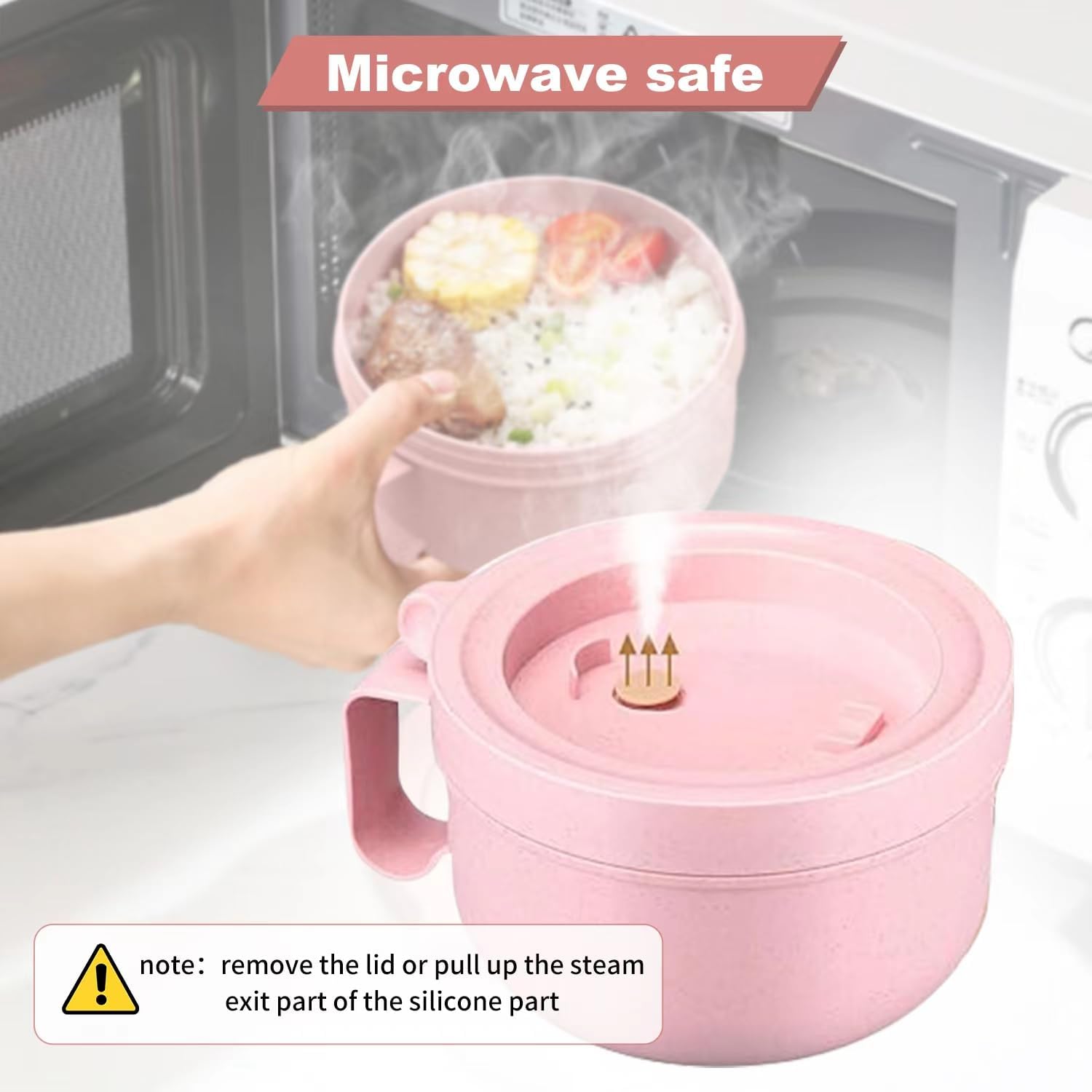 Rarapop 28.7oz Microwave Soup Bowl Containers with Lids, Wheat Straw Ramen Noodles Cup Mug for Instant Noodles,Oatmeal, Gumbo, Salad,Crunch,Cereal & More - Easy-Grip Design, Pink image 3