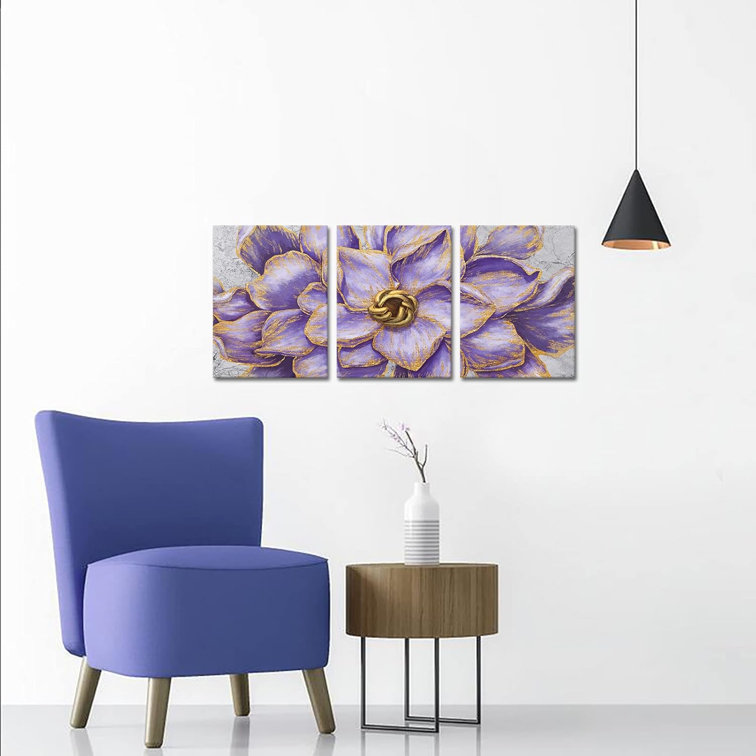 Kalormore Purple Gold Flowers Painting 3 Pieces Vintage Floral Canvas Prints for Home Living Room Bedroom Wall Decoration Gallery Wrapped Premium Picture Artwork - Image 3