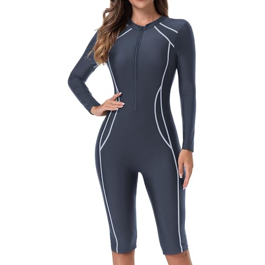 Panegy Maiô feminino de manga comprida com proteção solar com zíper, short médio, surfe, rashguard