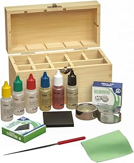 GTE Precious Metal Jewelry Testing Kit Gold Silver Platinum Test Acids Wooden Box 30X Eye Loupe 10K 14K 18K 24K Needle Fil...
