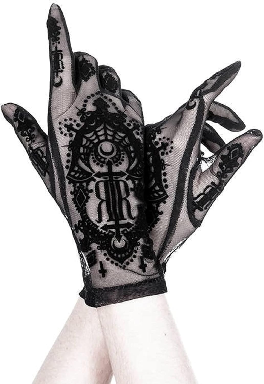 Womens Gloves Saint Goth Occult Lolita Emo Steampunk Accessories, Gothic Black Mesh Gloves with Velvet Pattern