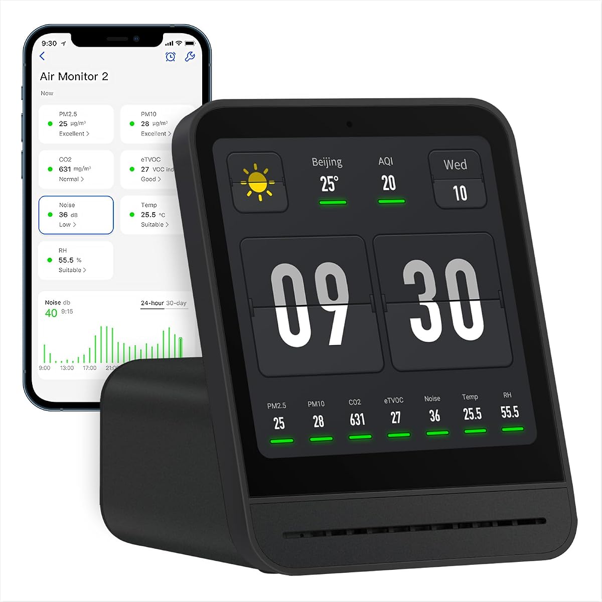 Monitor de calidad del aire Gen 2, Monitor de calidad del aire interior detecta PM2.5, CO2, PM10, ruido, temperatura y humedad, nueva función de despertador mejorada, probador de calidad del aire para dormitorio, hogar inteligente