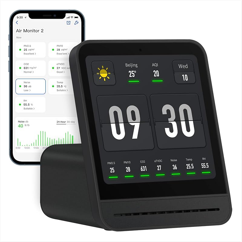 Monitor de calidad del aire Gen 2, Monitor de calidad del aire interior detecta PM2.5, CO2, PM10, ruido, temperatura y humedad, nueva función de despertador mejorada, probador de calidad del aire para dormitorio, hogar inteligente