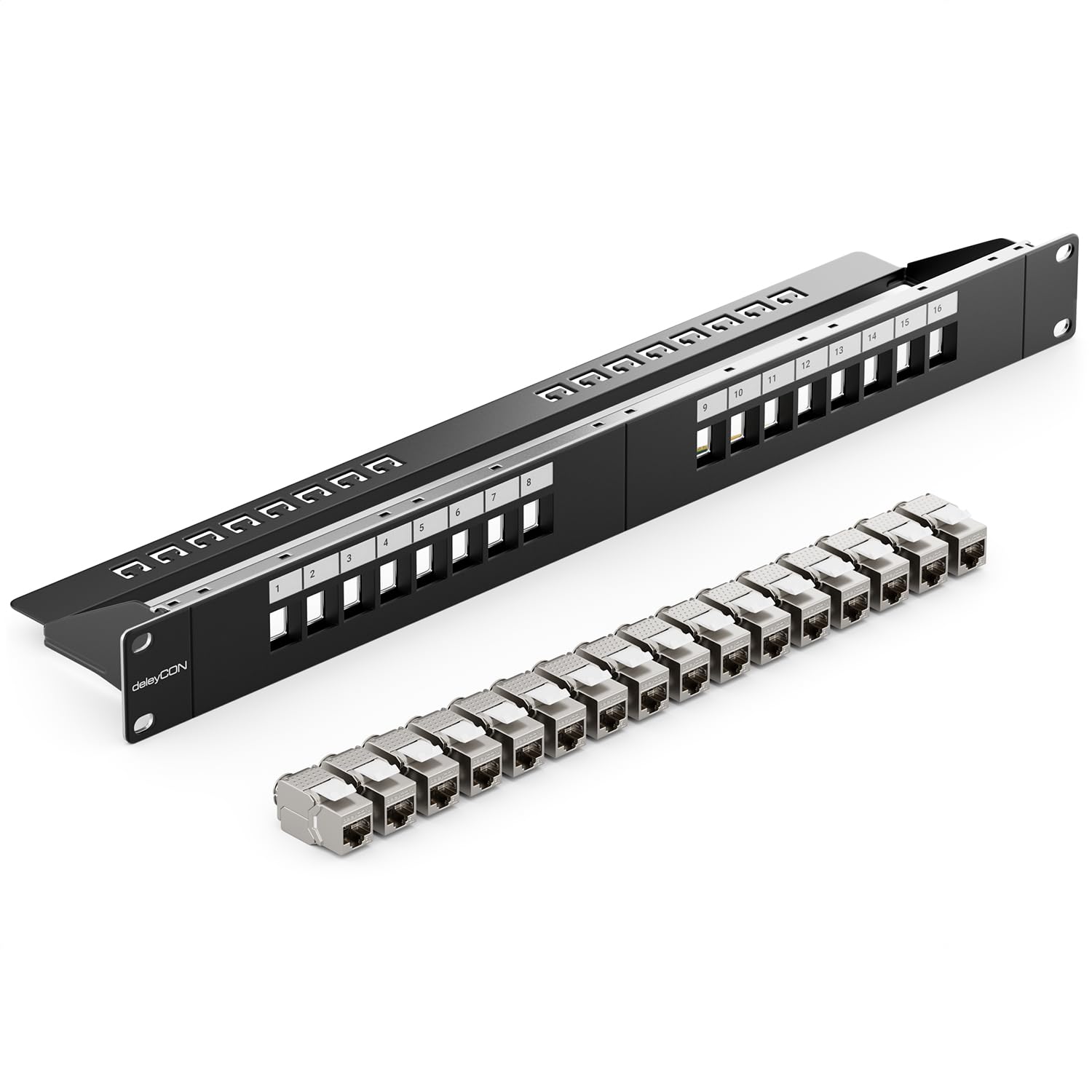 deleyCON 16 Port Patch Panel Set Patch Panel Modular 1 U 19" Inch Shelf Installation + 16x RJ45 Keystone Modules Compatible with CAT6a CAT5 CAT6 CAT7 LAN Network Cable Installation Cable Black