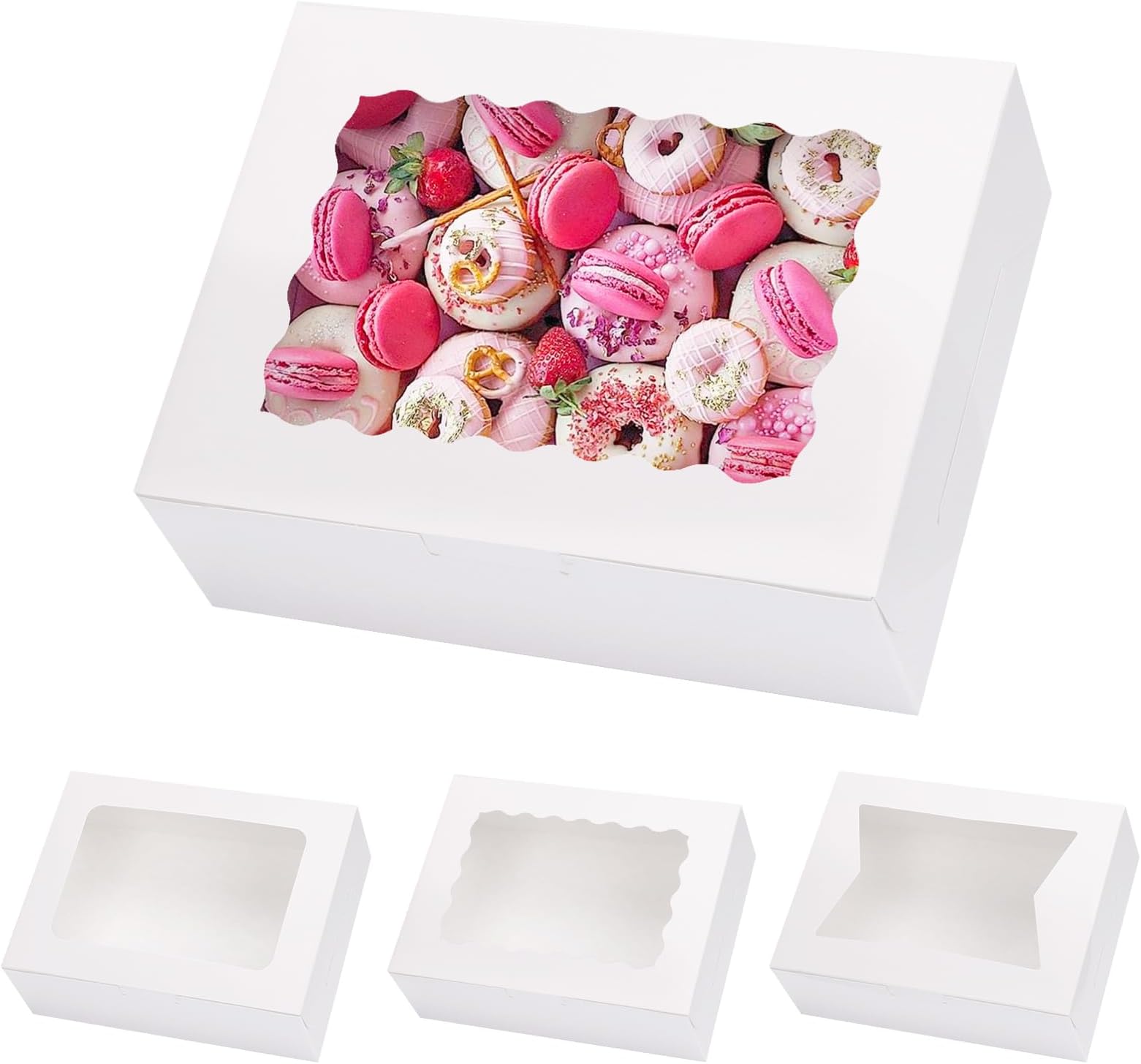 Moretoes 48pcs Cookie Boxes with Window, 8x6x2.5 Inch 3 Style Pastry Boxes for Treat, Chocolate Covered Strawberries, Candy, Muffins, Donuts