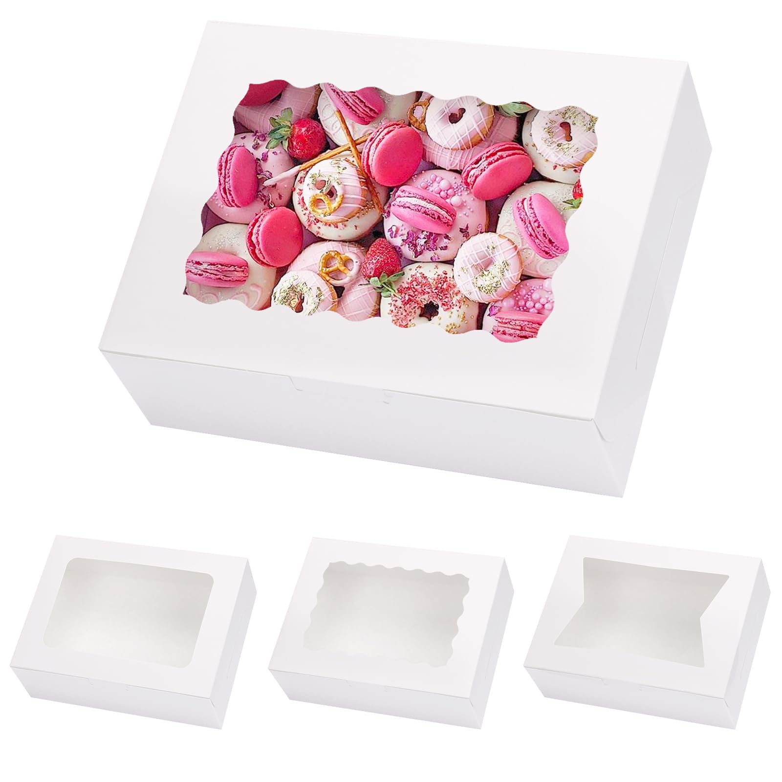 Moretoes 48pcs Cookie Boxes with Window, 8x6x2.5 Inch 3 Style Treat Boxes for Pastry, Chocolate Covered Strawberries, Candy, Muffins, Donuts