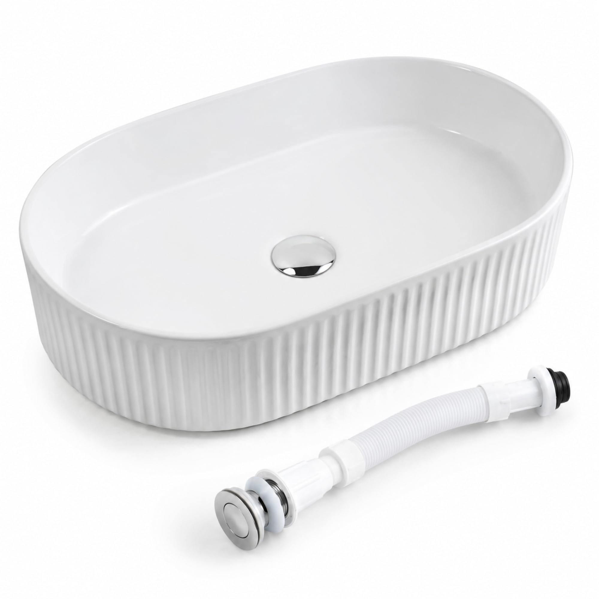 MAGIC SELECT Umywalka Ceramiczna, Biała Umywalka Nablatowa Odporna Na Plamy Do Łazienki, Łatwa W Czyszczeniu, Elastyczna Rura Z Wbudowanym Korkiem Pop-Up, Idealna Do Łazienki Lub Toalety, 580X36,5X12