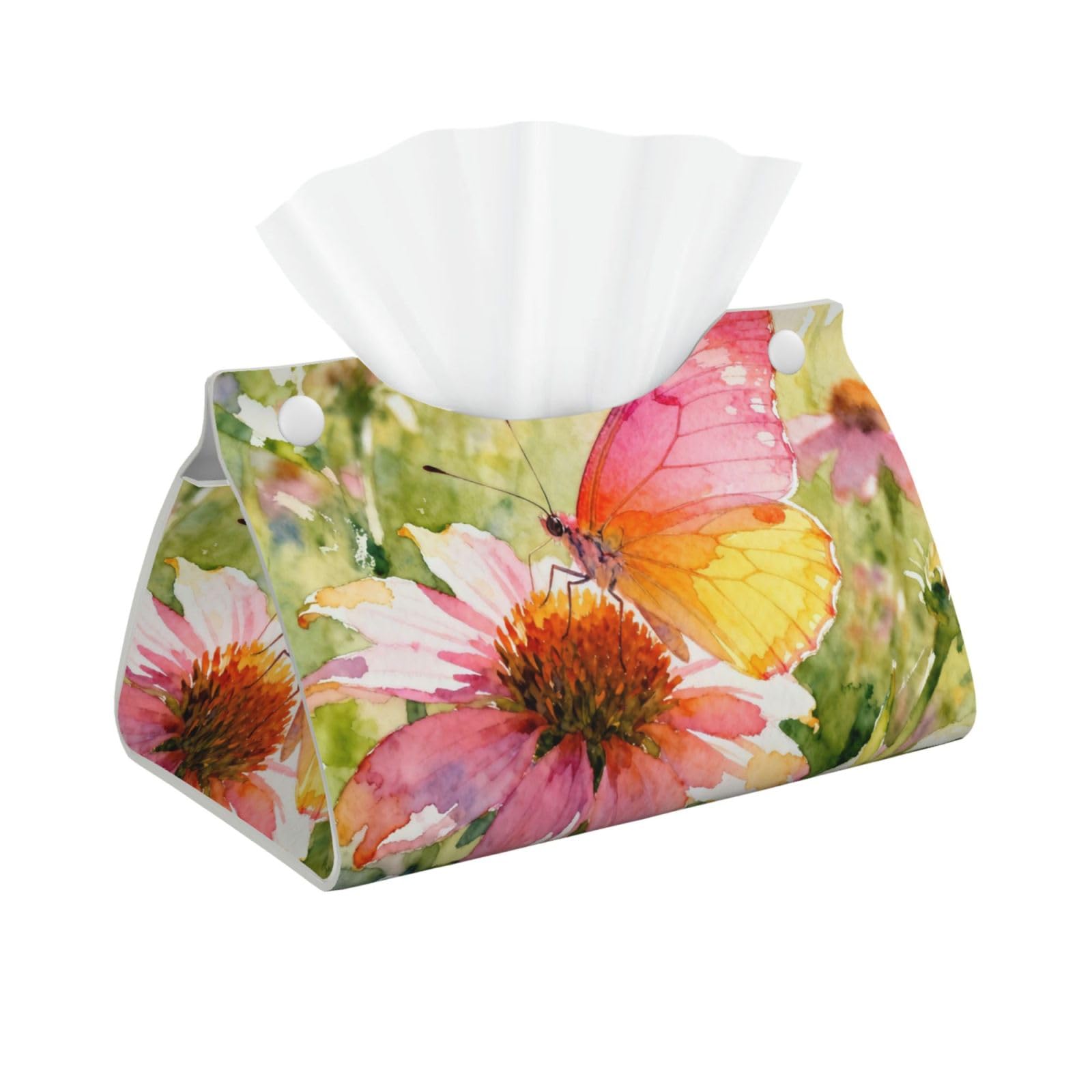 Butterflies and wildflowers Long Leather Tissue Box Cover-Waterproof PU Leather Tissue Holder for Bathroom, Decorative Rectangular Tissue Case