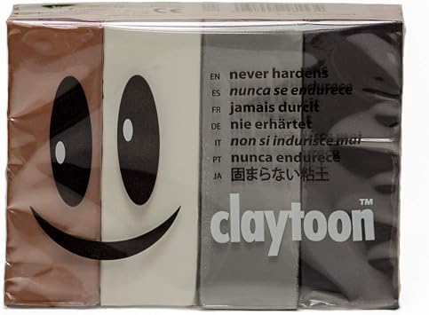Van Aken International Claytoon Non-Hardening Modeling Clay VA18153 Neutral Brown, White, Silver Gray, Black 1 Pound Set 4-1/4 Pound Bars claymation, Gluten-Free, Non-Toxic