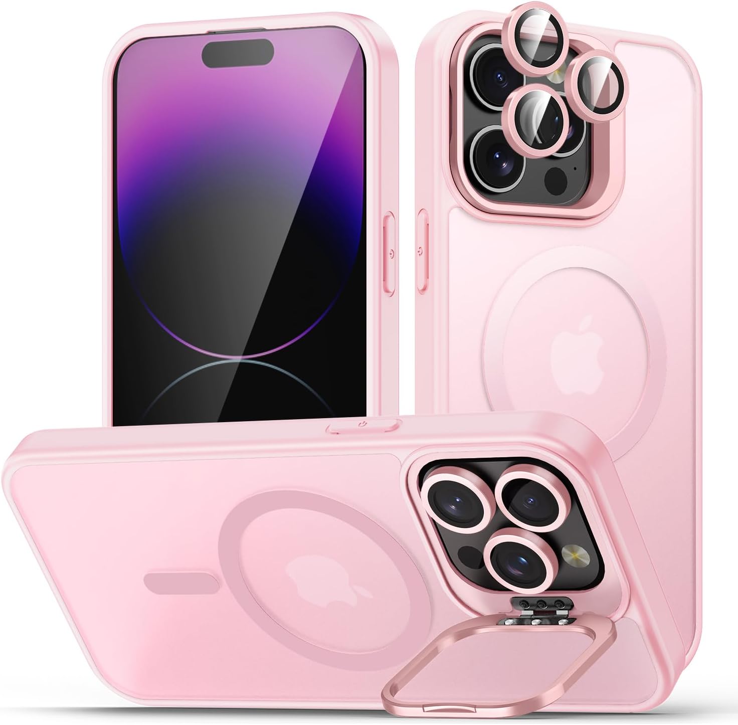 for iPhone 14 Pro Max Case, Compatible with MagSafe, Built-in Camera Ring Stand, with Individual Camera Cover, Translucent Matte Military-Grade Drop Protection Magnetic Case, Pink