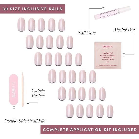 Glamnetic Silver Belle Press On Nails - Short Round Fake Nails | 30 Pc Kit | Everyday Silver press on nails for women. 3D-detail glue-on set. Waterproof, chip-resistant, up to 2 weeks wear