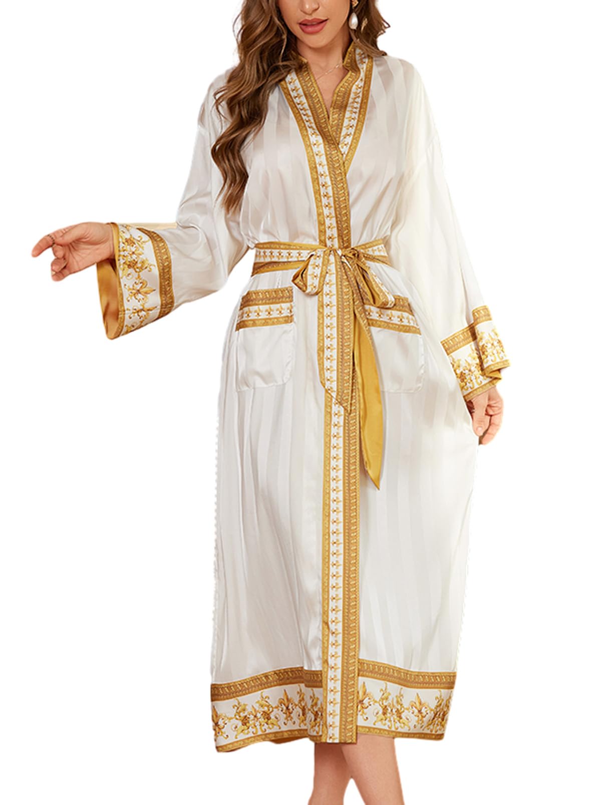 Daiwor Kout Silk Satin Robe for Women Long Kimono Robe Lightweight Floral Trim Bathrobe Luxury House Robes with Pockets