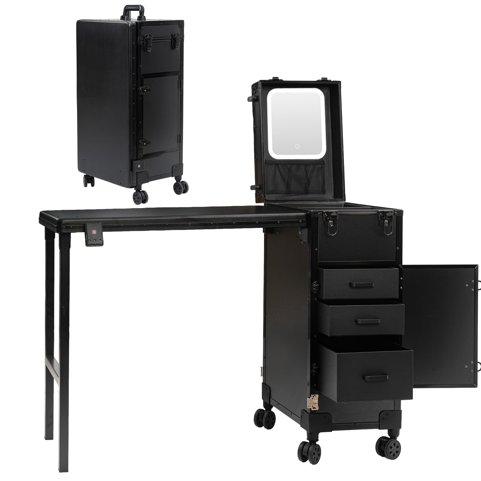 Portable Manicure Table with 3 Drawers, Rolling Foldable Nail Desk with Detachable Mirror, Professional Makeup Train Case with Wheels and TSA Lock for Nail Techs &amp; Salon Use